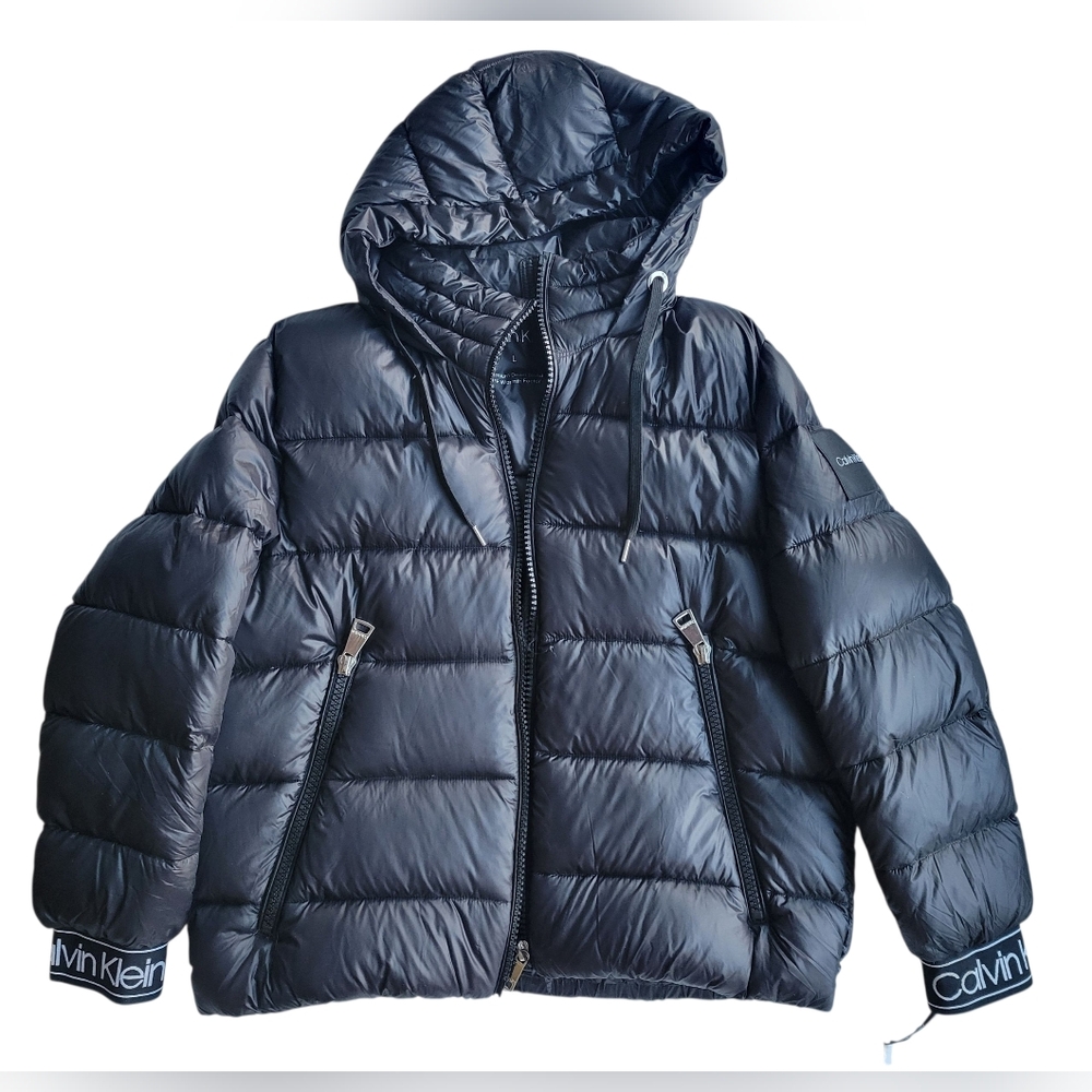 Calvin Klein Down Puffer Jacket Women’s Large Black Hooded Winter Coat NWT Logo